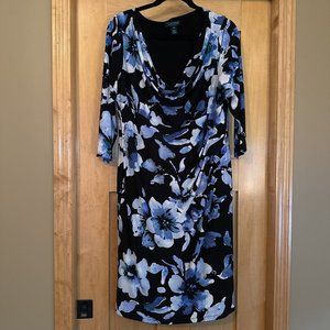 Ralph Lauren Sheath Dress Cowl Neck Stretch Blue Floral 14W Ruched Knee Length